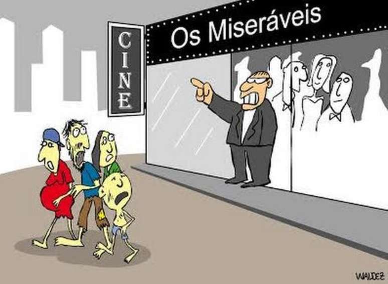 A political cartoon depicting the exclusion of impoverished individuals from a cinema showing "Os Miseráveis," symbolizing unequal access to culture